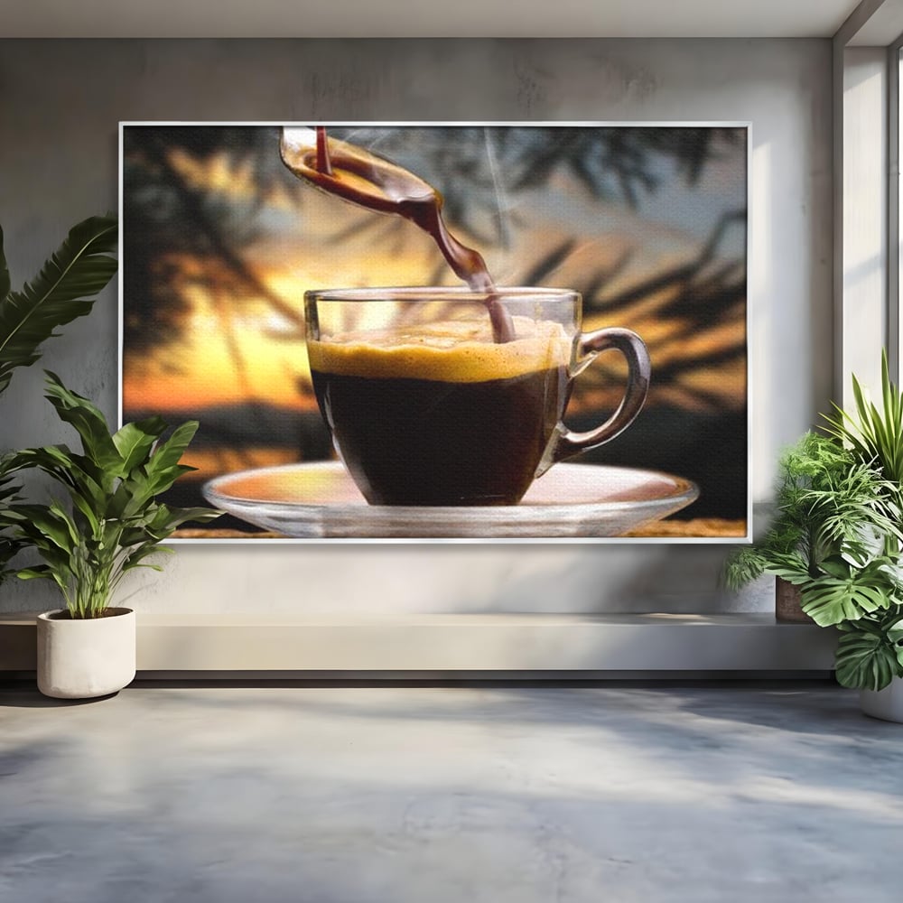 Tablou canvas cu tablou canvas cu ceasca de espresso, in rama de aluminiu argintiu